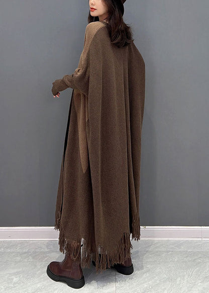 Chocolate Oversized Patchwork Tassel Knit Cardigan Batwing Sleeve