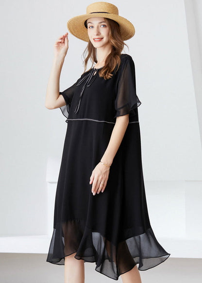 Modern Black O-neck Ruffles Lace Up Chiffon Long Dress Summer