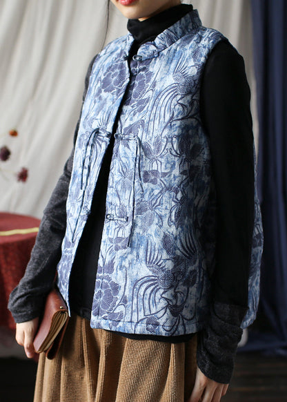 Blue Tassel Print Fine Cotton Filled Vest Tops Sleeveless