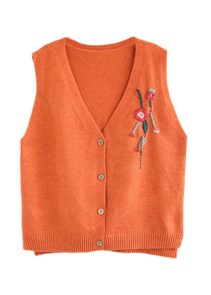 Orange V Neck Embroideried Knit Vest Spring