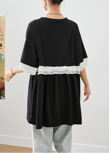 Black Ruffled Patchwork Print Cotton Tanks Summer