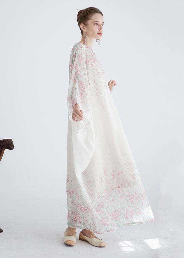 White O Neck Print Cotton Robe Dresses Summer