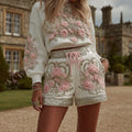 Comstylish Women's Vintage Pink Floral Embroidery Art Comfort Shorts