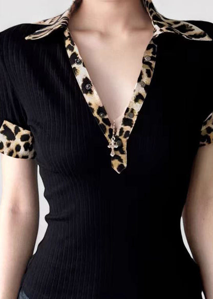 American Leopard Print Peter Pan Collar Patchwork Fake Two T-shirt Summer