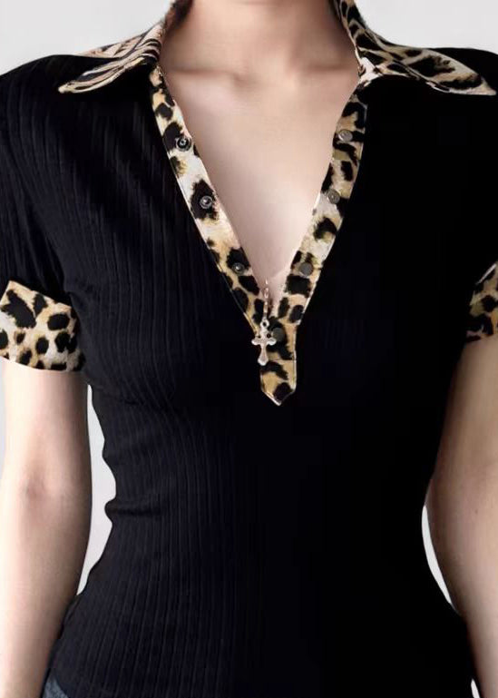 American Leopard Print Peter Pan Collar Patchwork Fake Two T-shirt Summer