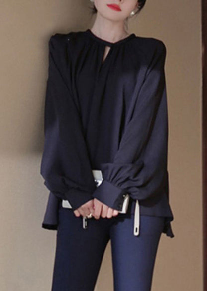 Navy Chiffon Shirt O Neck Lantern Sleeve