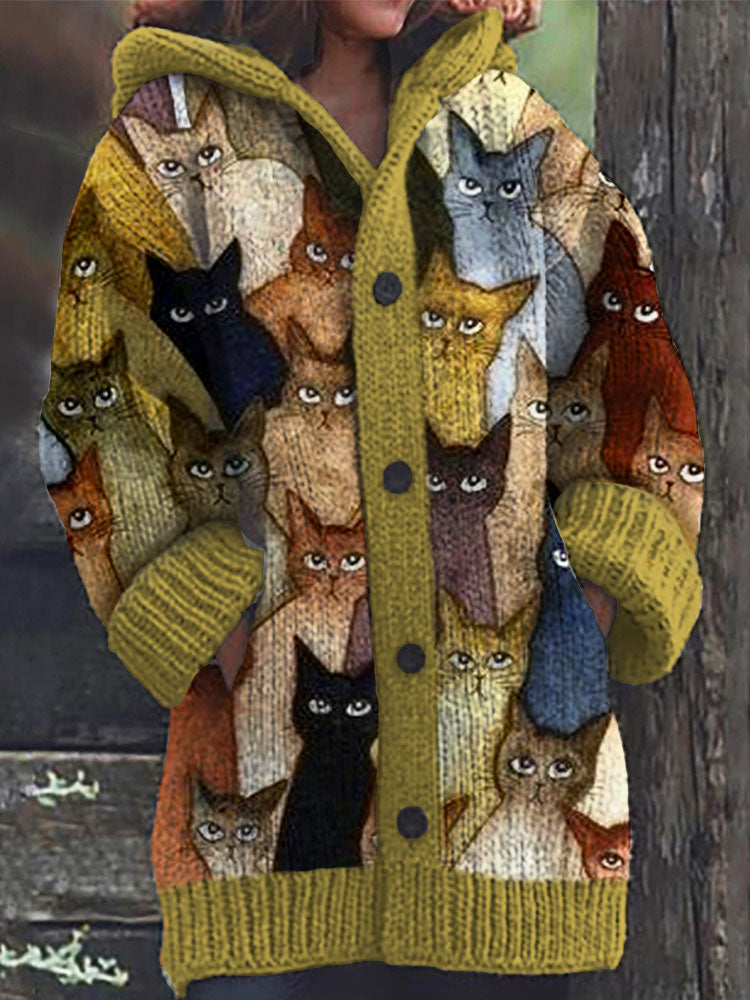 Comstylish Colorful Cats Pattern Cozy Hooded Cardigan