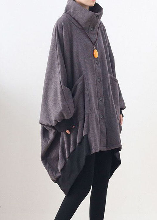 Stylish Dark Gray Pockets Button Knit Asymmetrical Design Fall Loose Sweatshirts Coat