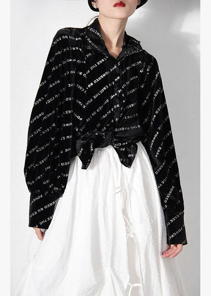 Loose Black Peter Pan Collar Button Graphic Shirt Spring