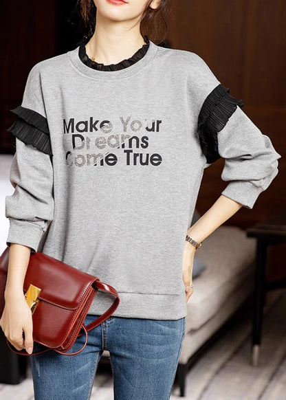 Grey Ruffled Print Patchwork Cotton Sweatshirts Long Sleeve