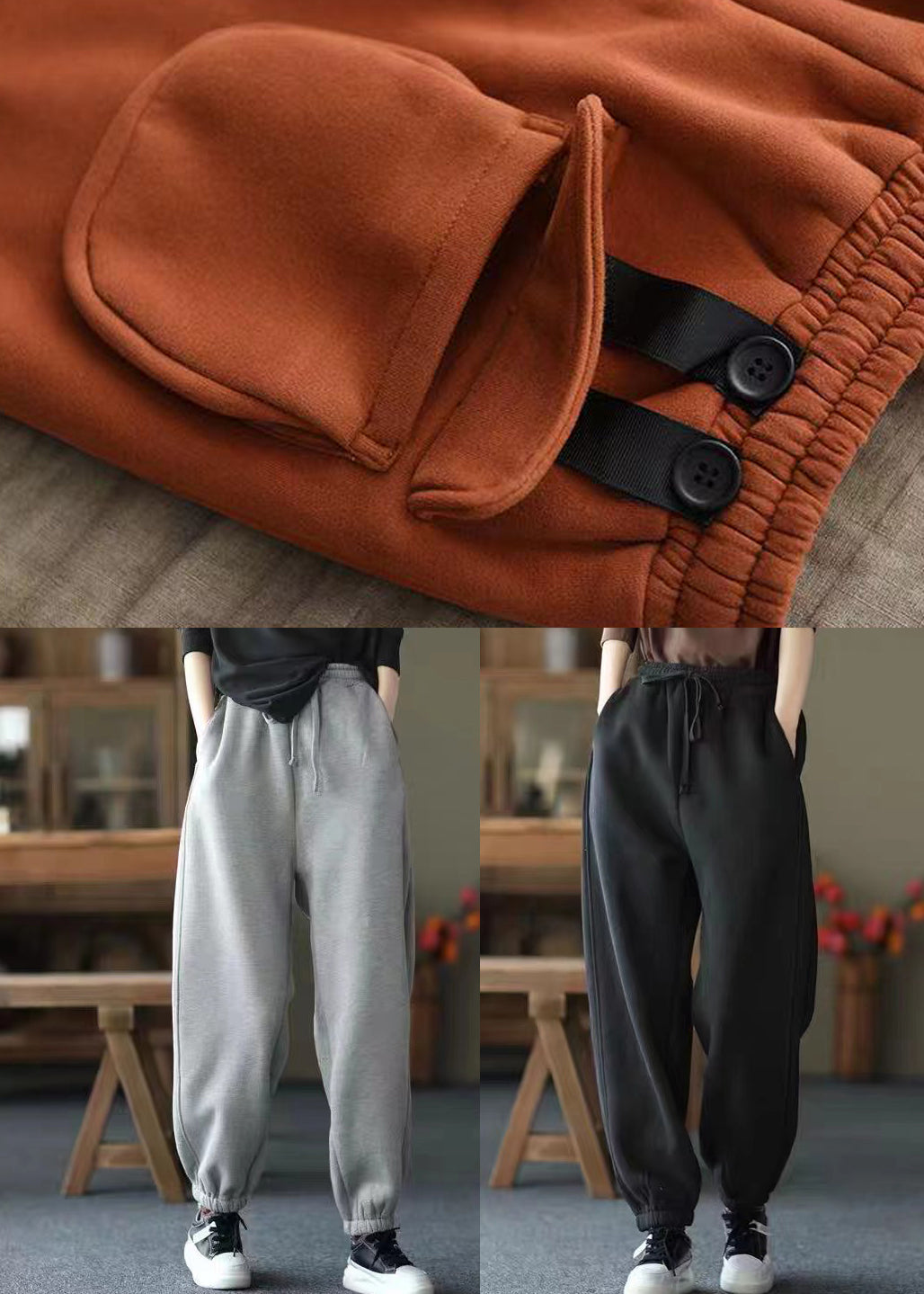 Orange Pockets Elastic Waist Warm Fleece Pants Spring
