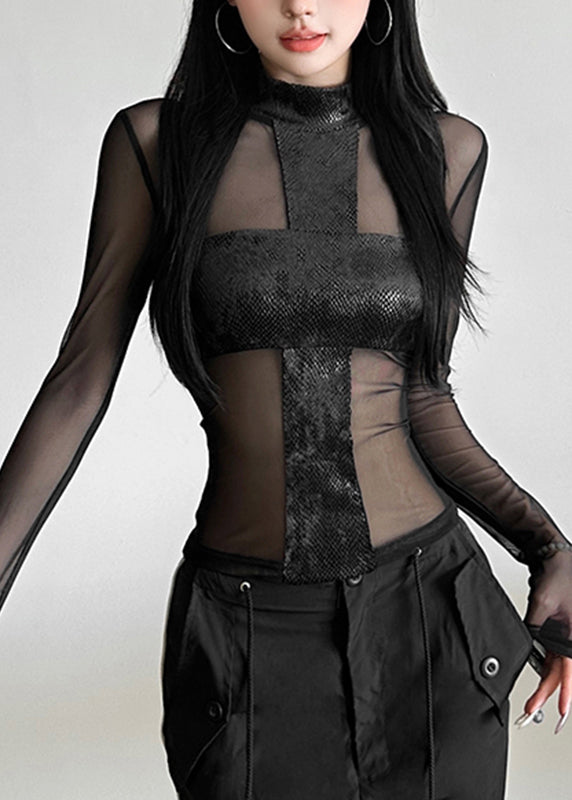 Black Turtleneck Sheer Tulle Top Spring