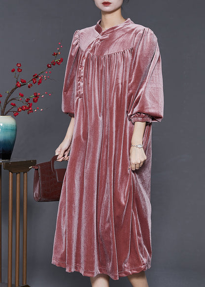 Diy Brick Red Stand Collar Oversized Silk Velour Dress Spring
