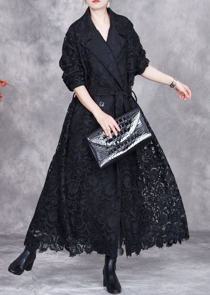 Black Button Lace Trench Coat Peter Pan Collar Fall