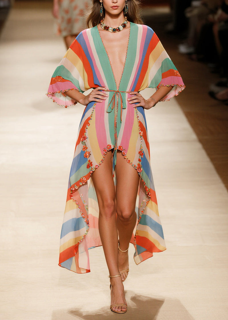 Rainbow Asymmetrical Striped Chiffon Beach Dress Summer