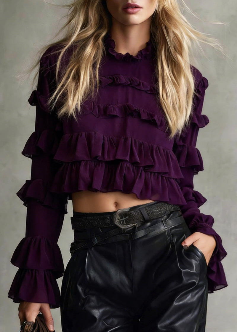 Purple Ruffled Patchwork Chiffon Blouse Tops Spring