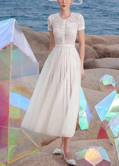 White Embroidered Hollow Out Tulle Long Dress Summer