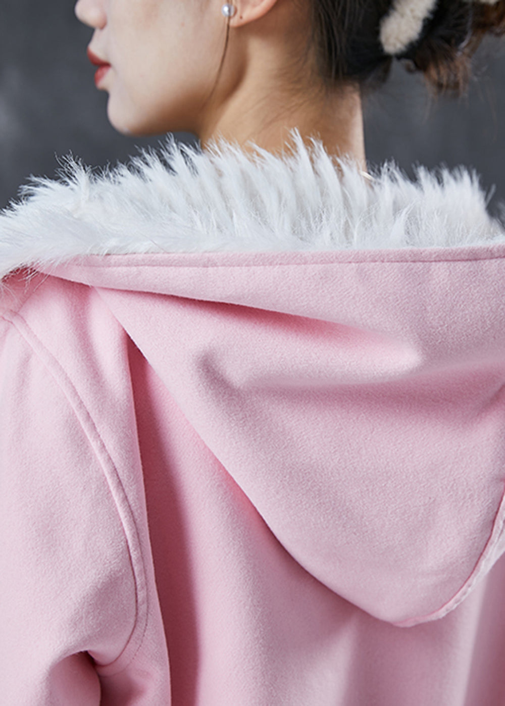 Pink Hooded Pockets Fuzzy Fox Lined Woolen Coat Winter