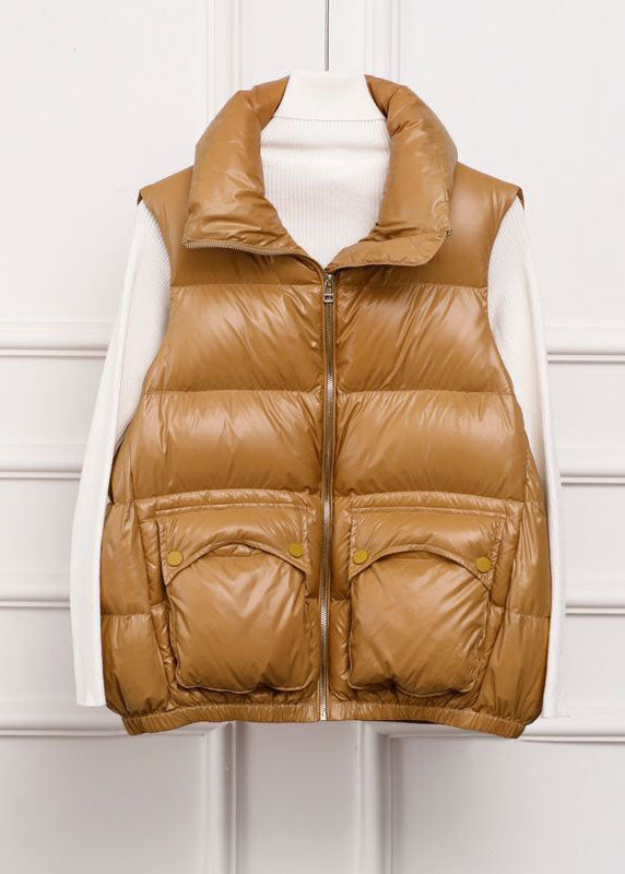 Khaki Zip Up Pockets Warm Duck Down Vest Sleeveless