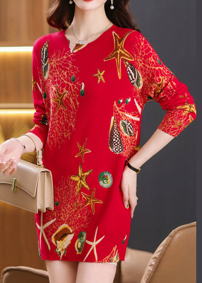 Red Print Woolen Mid Dress O Neck Spring