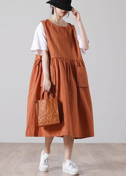 Pockets Orange Mid Big Hem Summer Cotton Dress