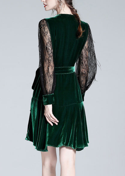 Green V Neck Tulle Patchwork Tie Waist Silk Velour Holiday Mid Dress Spring