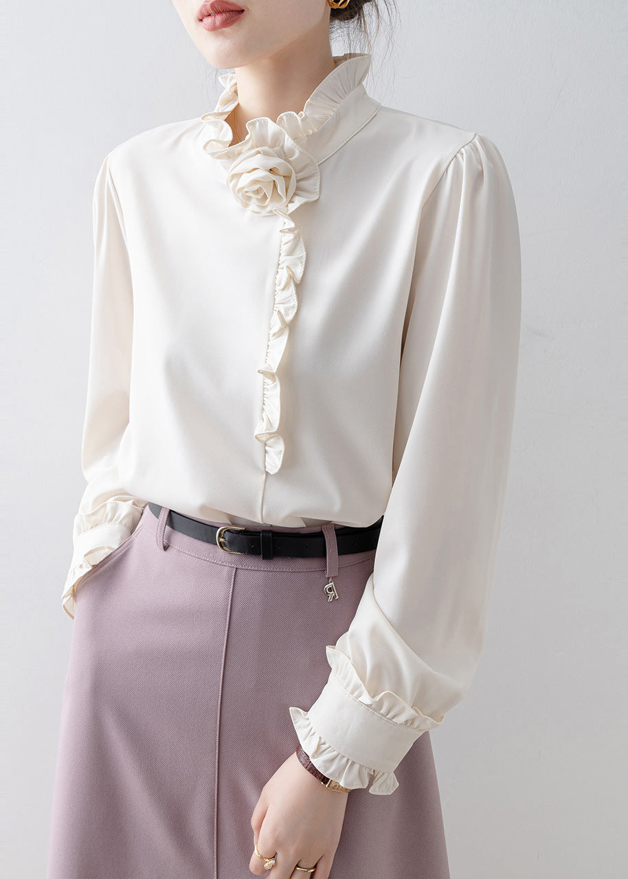 Classy White Ruffled Chiffon Shirt Top Spring