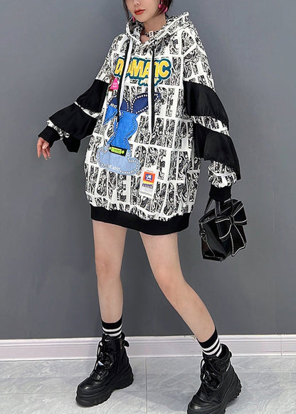 White Alphabet Print Nail Bead Hooded Sweatshirts Long Sleeve