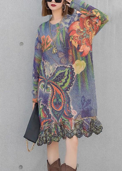 Loose Belle Print Patchwork Mink Velour Knit Dresses Spring