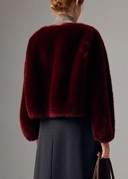 Wine Red Button Leather and Fur Winter Coats O Neck