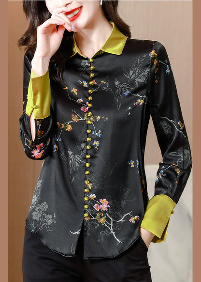 Black Gold Patchwork Peter Pan Collar Print Silk Shirts Long Sleeve
