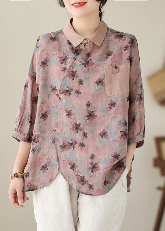 Print Peter Pan Collar Button Cotton Tops Spring