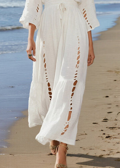 Beige V Neck Hollow Out Cotton Holiday Dresses Spring