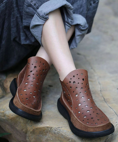 Cowhide Leather Boots Handmade Splicing Hollow Out Brown