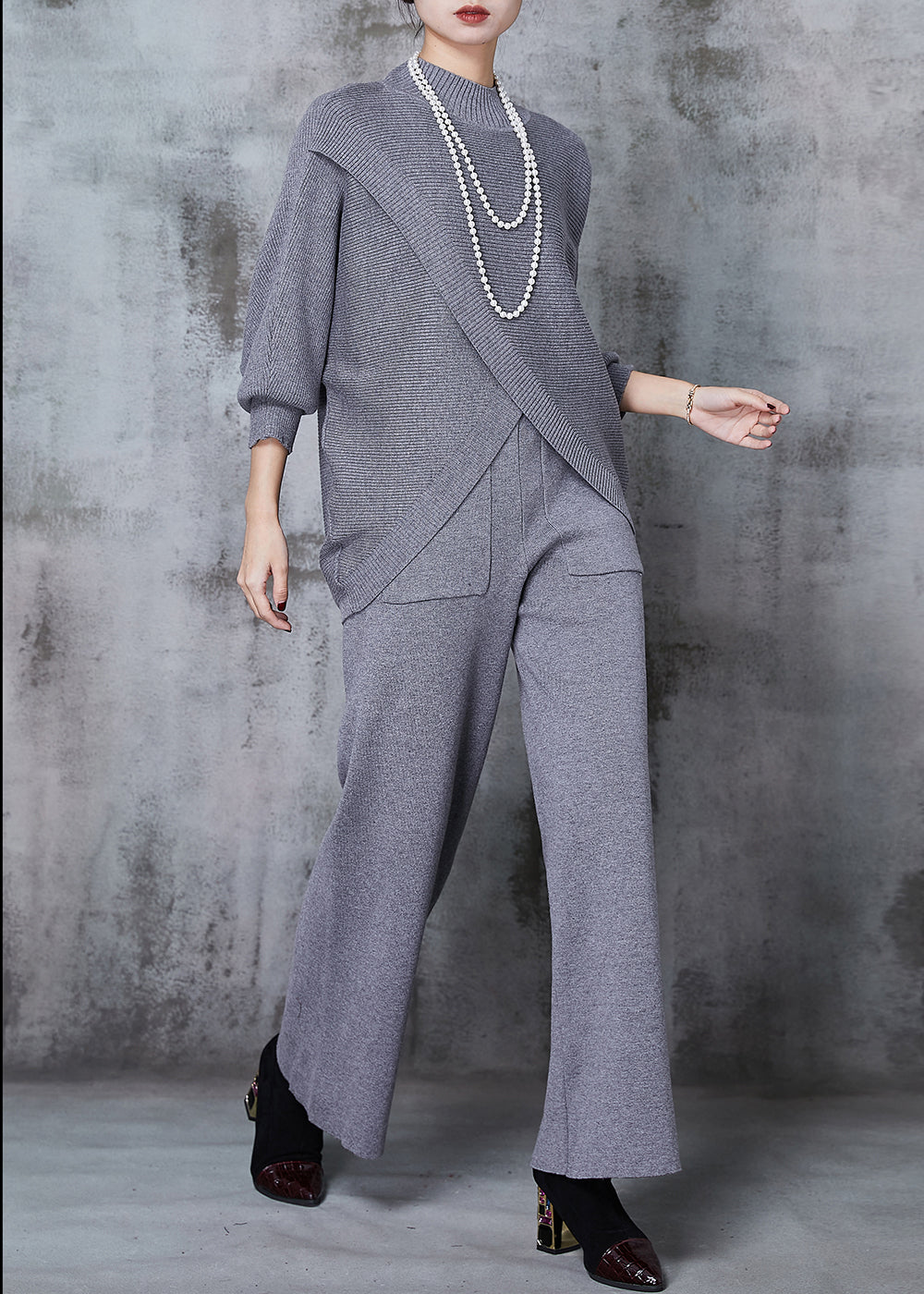 Grey Asymmetrical Design Knit Two Pieces Set Batwing Sleeve