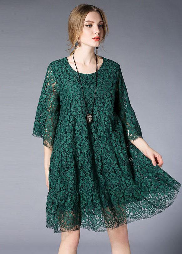 Green O-neck Lace Spring Vacation Dress Half Sleeve