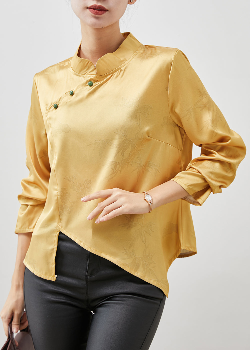 Yellow Asymmetrical Silm Fit Silk Shirt Spring