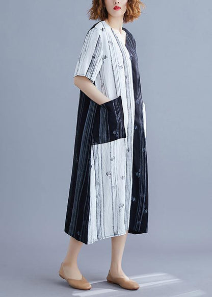 White Print V Neck Turn-down Collar Summer Maxi Dress