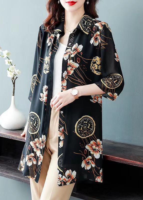 Black Peter Pan Collar Print Patchwork Chiffon Shirts Tops Summer