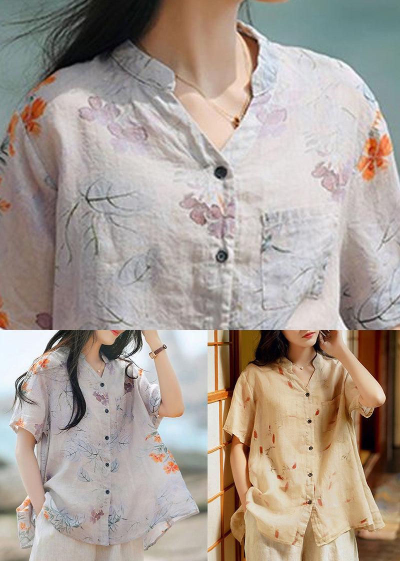 Purple Print Button Patchwork Linen Blouse Tops Summer