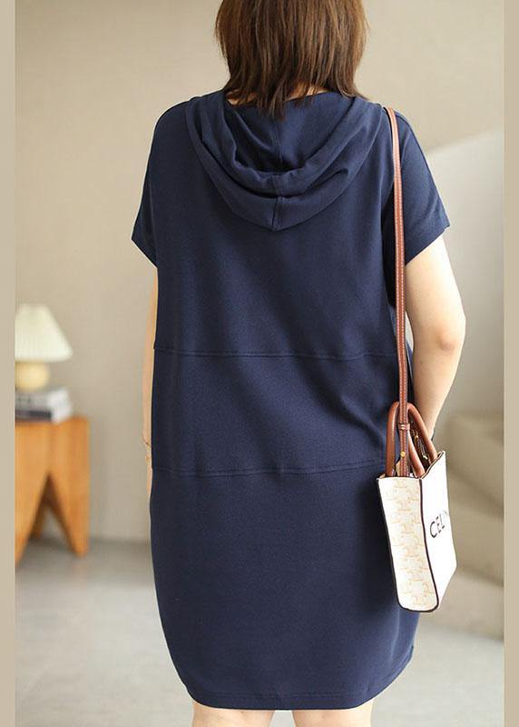 Navy Hooded Drawstring Patchwork Fall Short Sleeve Dress