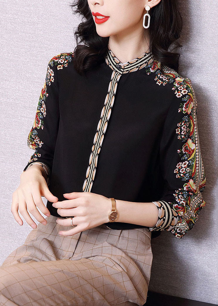 Black Stand Collar Print Chiffon Shirt Top Long Sleeve