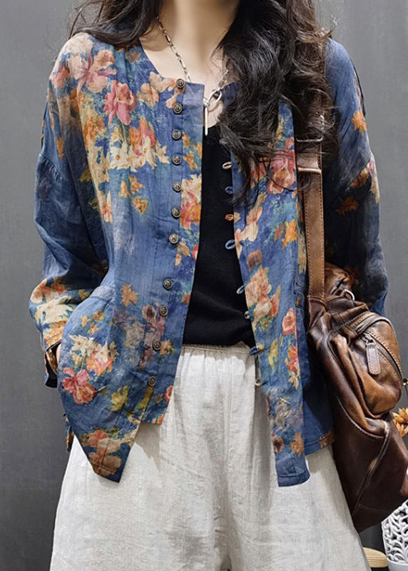 Blue Print Button Linen Top Long Sleeve