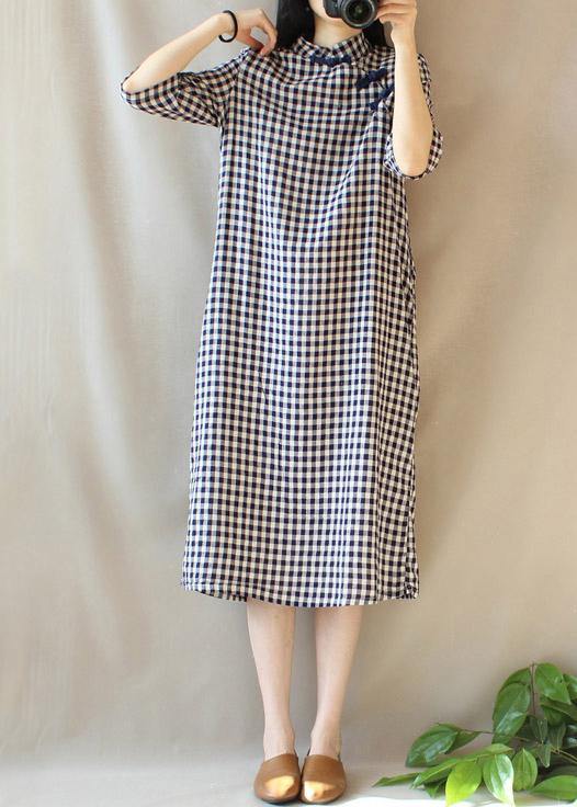 Loose Stand Collar Chinese Button Outfit Work Plaid Linen Maxi Dresses