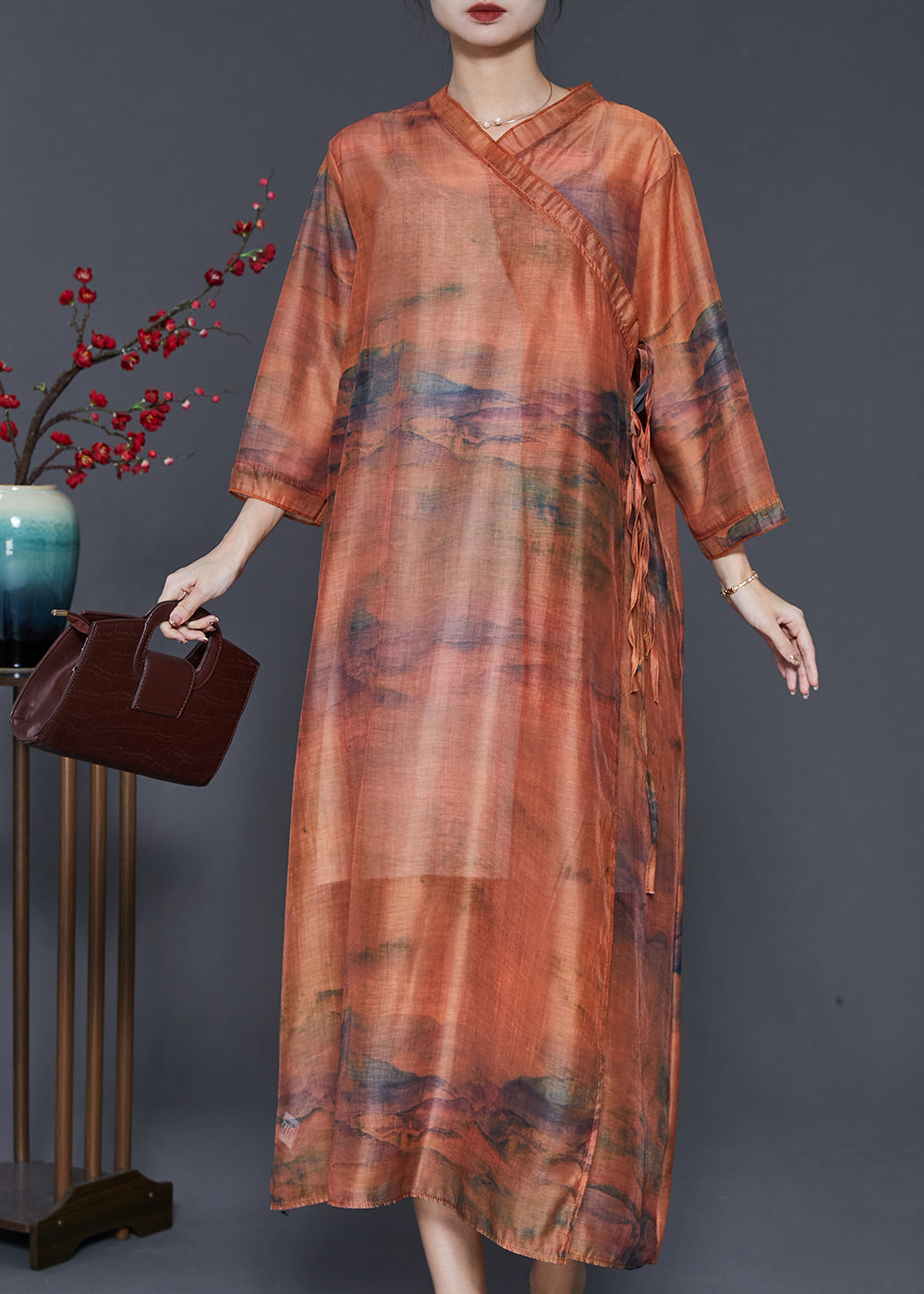 Caramel Oversized Print Linen Robe Dresses Summer