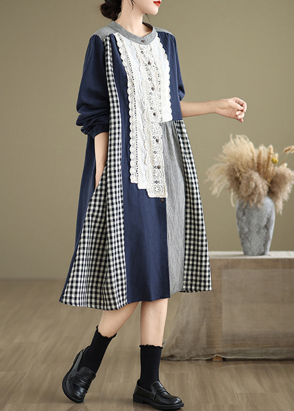 Original O-neck Lace Patchwork Plaid Long Dresses Spring