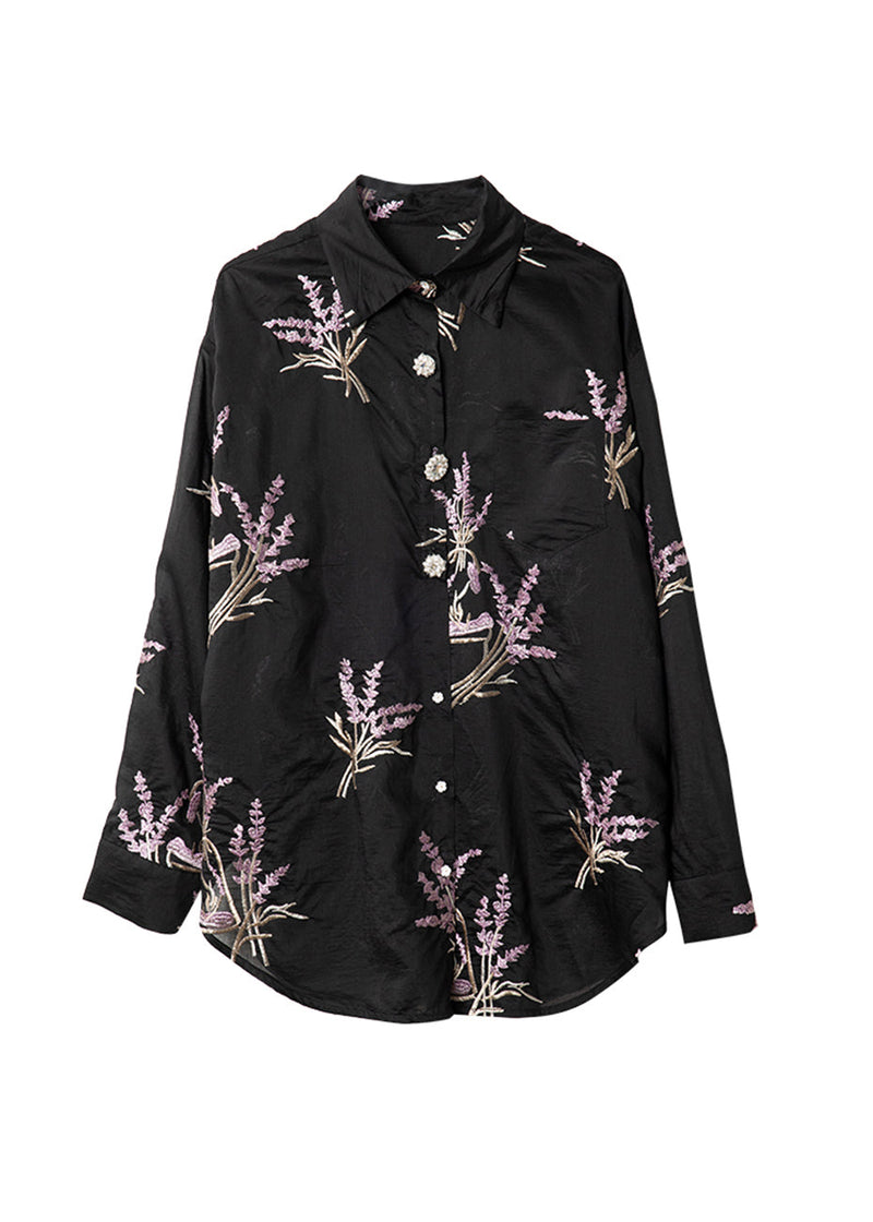 Black Peter Pan Collar Embroidered Silk Shirt Top Long Sleeve