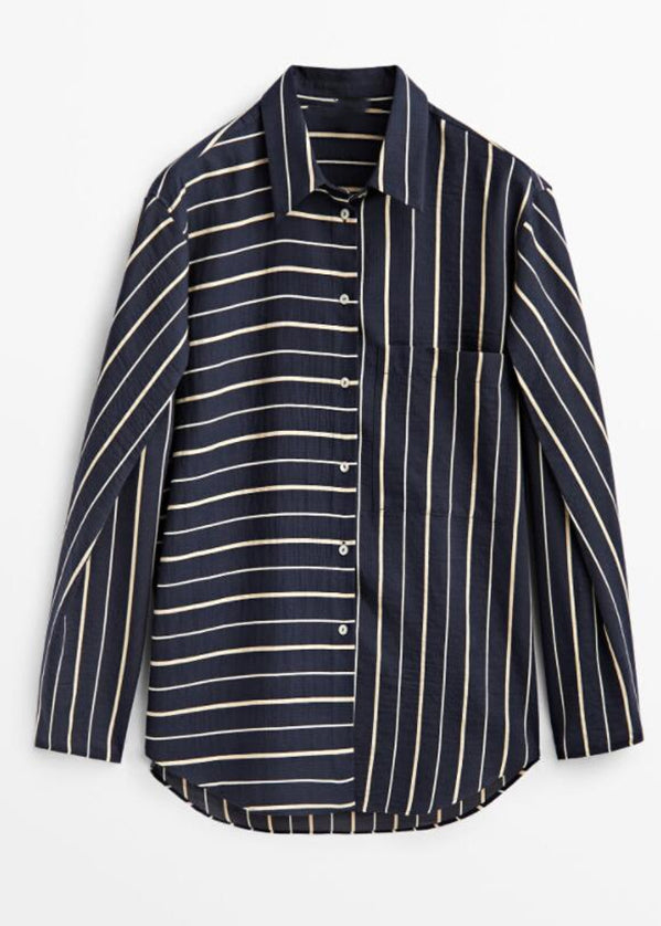 Black Striped Patchwork Low High Design Cotton Shirt Spring