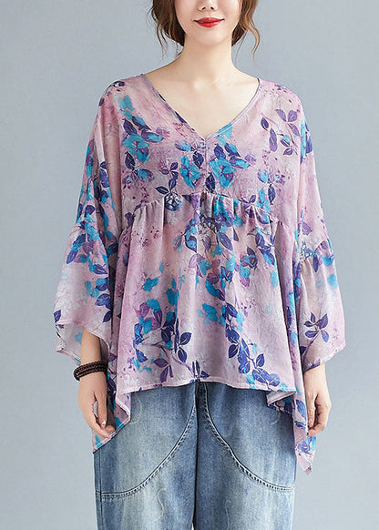 Diy Purple Print Loose Patchwork Asymmetrical Design Fall Blouses Half Sleeve