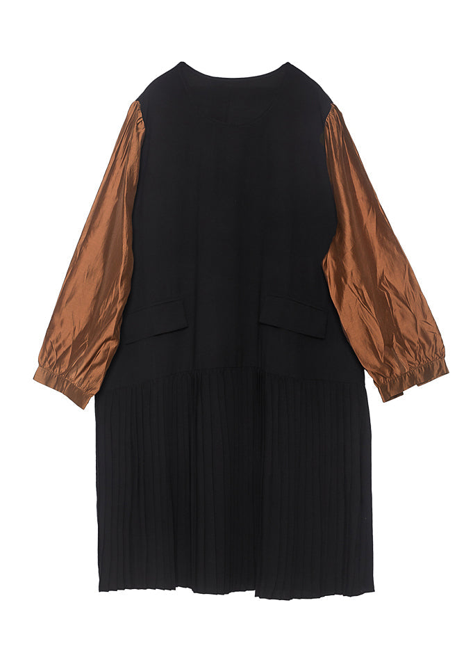 Modern Colorblock O-neck Oversized Patchwork Chiffon Pleated Dress Spring